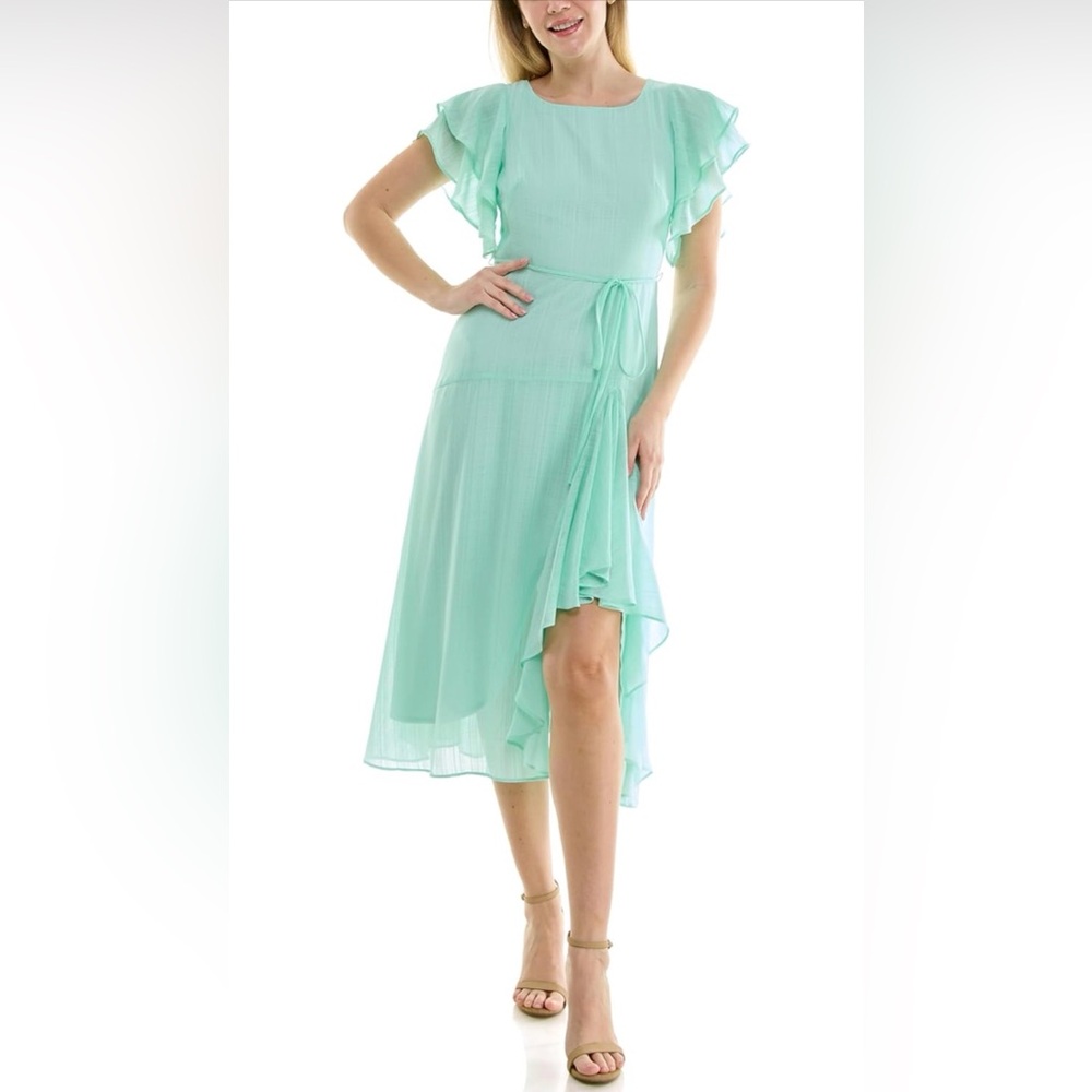 Maison Tara Women's Flutter Sleeve Midi with Ruffle Front Slit